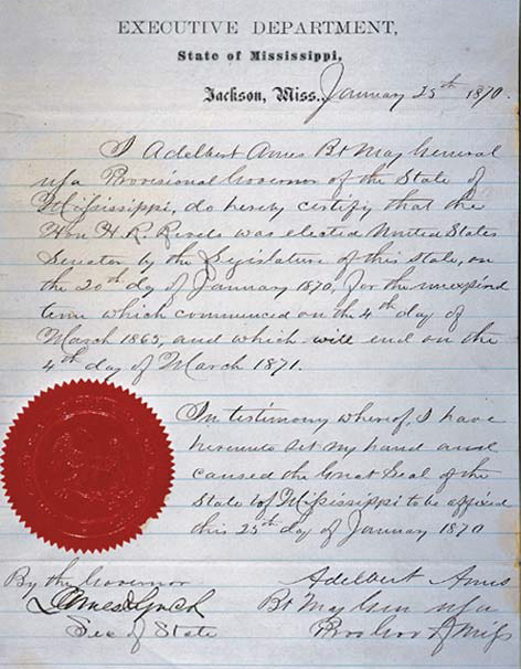 Historical document showing the official credentials for Senator Hiram Rhodes Revels